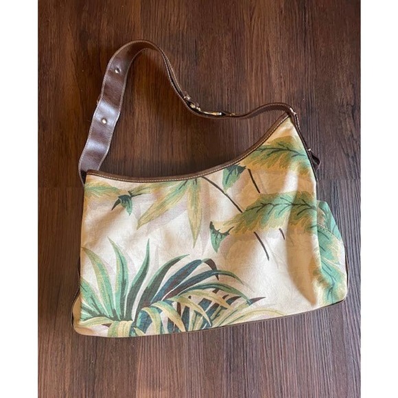 Liz Claiborne Fabric & Leather Purse Handbag Tropical Print Shoulder Bag - Picture 2 of 5